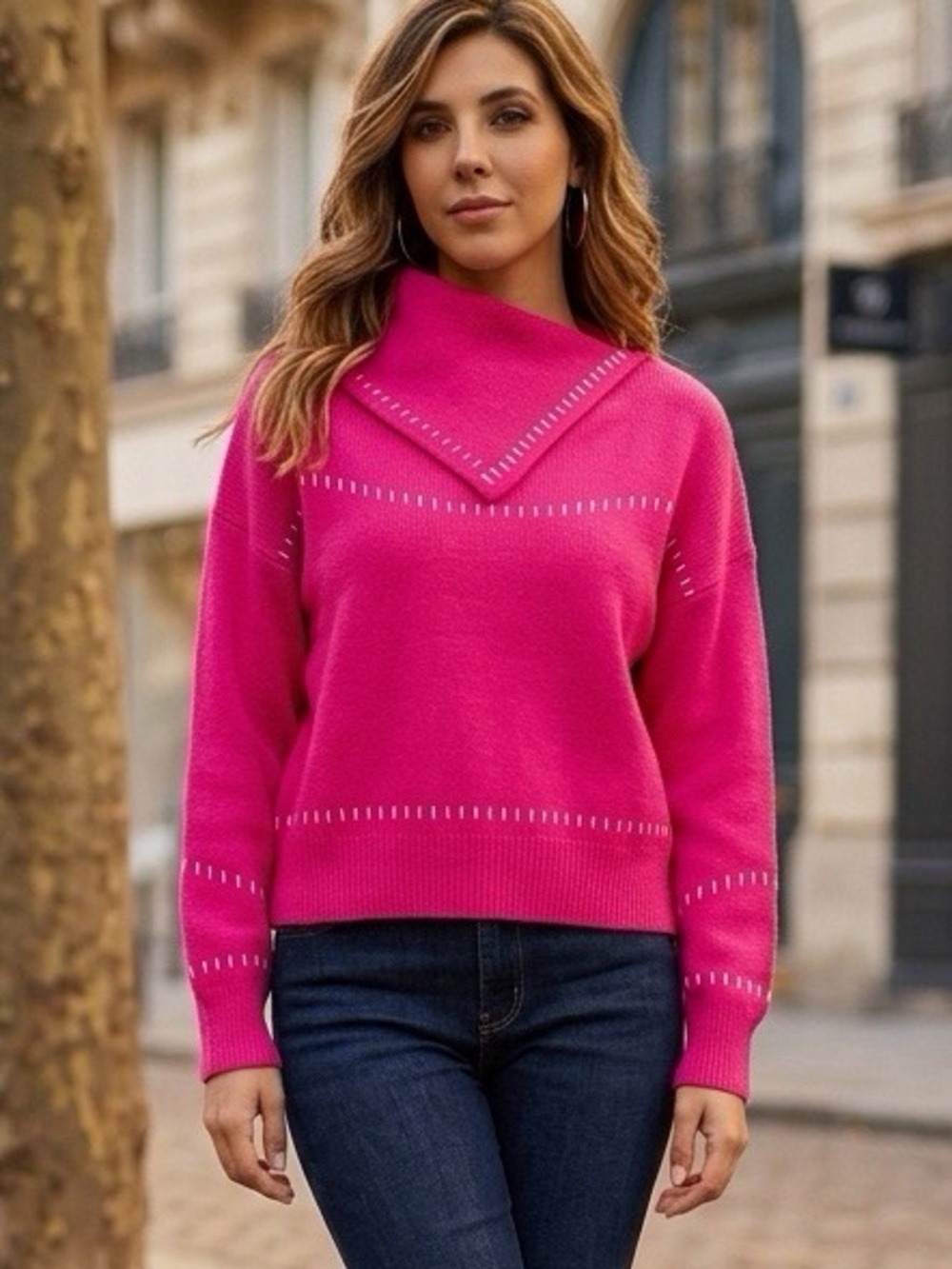 THML Hot Pink Asymmetrical Overlap Cowl Neck Sweater Blanket Stitch Small